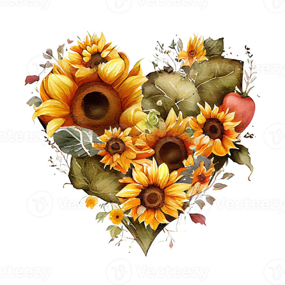 heart shaped Sunflower bouquet, Romantic heart vignette made of vintage flowers and leaves of Sunflower in gentle retro style watercolor painting, PNG transparent background, .