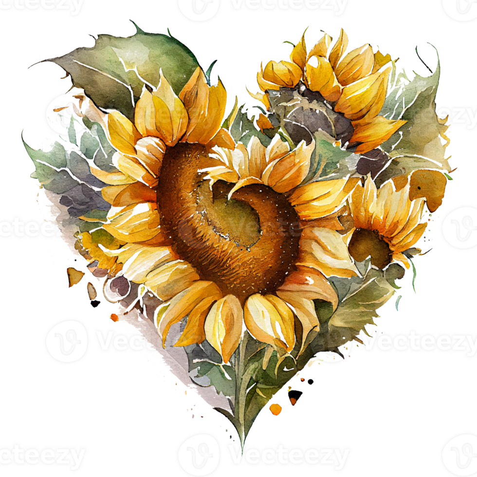 heart shaped Sunflower bouquet, Romantic heart vignette made of vintage flowers and leaves of Sunflower in gentle retro style watercolor painting, PNG transparent background, .