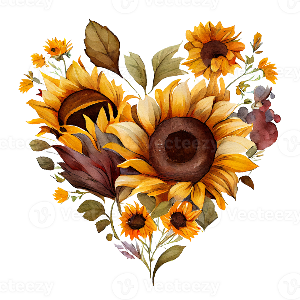 heart shaped Sunflower bouquet, Romantic heart vignette made of vintage flowers and leaves of Sunflower in gentle retro style watercolor painting, PNG transparent background, .