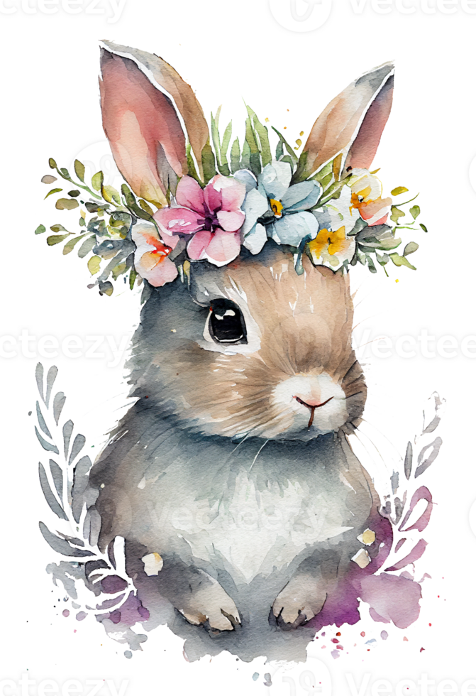 Watercolor cute hand drawn rabbit, Bunny in floral wreath, flowers bouquet, png