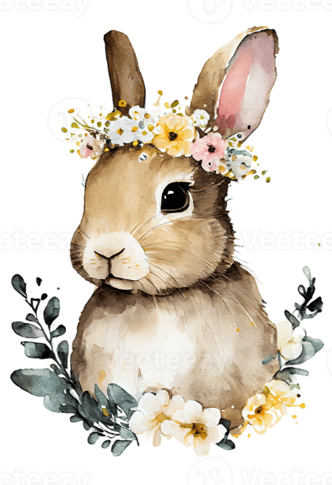 Aquarell süß Hand gezeichnet Kaninchen, Hase im Blumen- Kranz, Blumen Strauß, generativ ai png