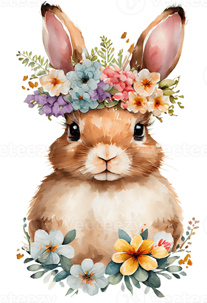 Watercolor cute hand drawn rabbit, Bunny in floral wreath, flowers bouquet, png