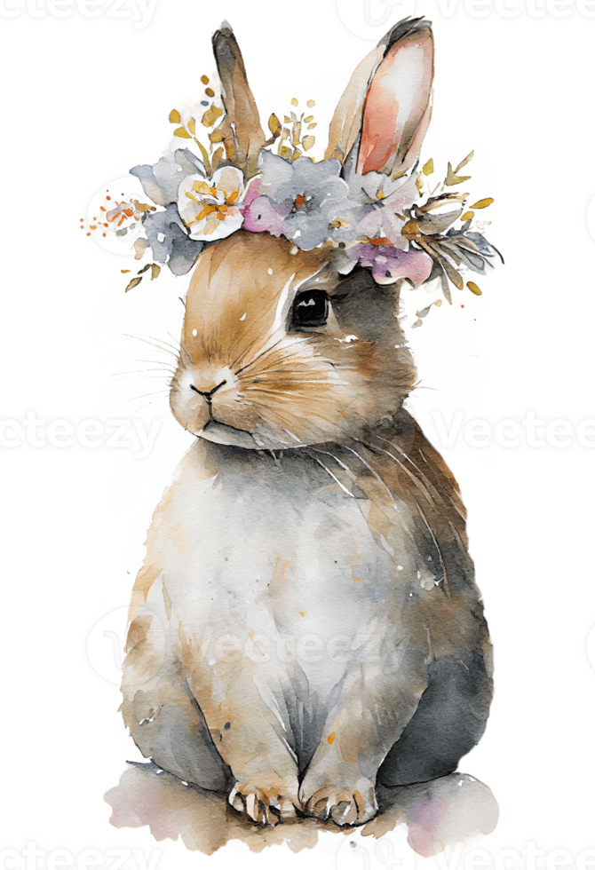 Watercolor cute hand drawn rabbit, Bunny in floral wreath, flowers bouquet, png