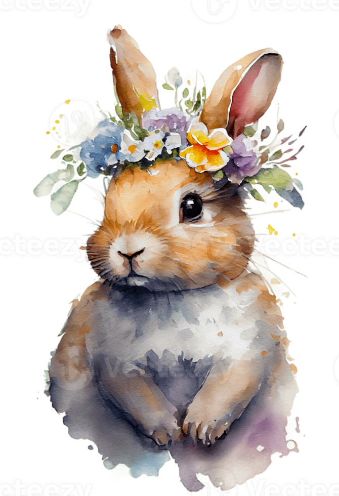 Watercolor cute hand drawn rabbit, Bunny in floral wreath, flowers bouquet, png
