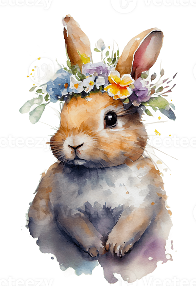 Aquarell süß Hand gezeichnet Kaninchen, Hase im Blumen- Kranz, Blumen Strauß, generativ ai png