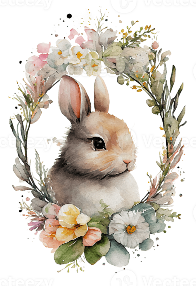 Watercolor cute hand drawn rabbit, Bunny in floral wreath, flowers bouquet, png