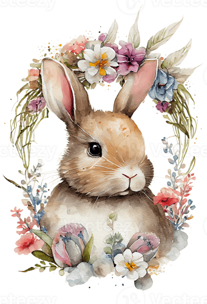 Watercolor cute hand drawn rabbit, Bunny in floral wreath, flowers bouquet, png