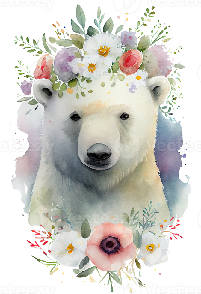 Watercolor cute hand drawn bear, white bear in floral wreath, flowers bouquet, png