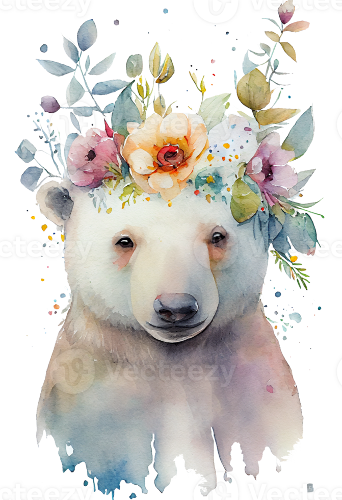 Watercolor cute hand drawn bear, white bear in floral wreath, flowers bouquet, png