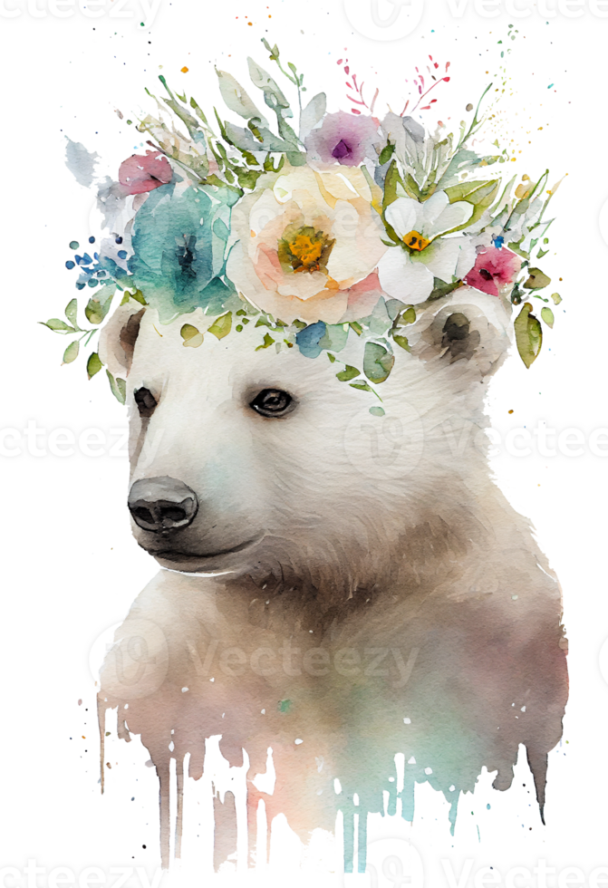 Watercolor cute hand drawn bear, white bear in floral wreath, flowers bouquet, png