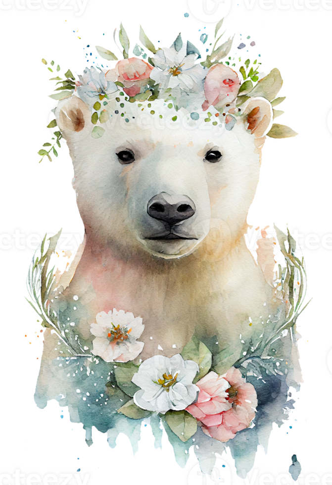 waterverf schattig hand- getrokken beer, wit beer in bloemen lauwerkrans, bloemen boeket, generatief ai png
