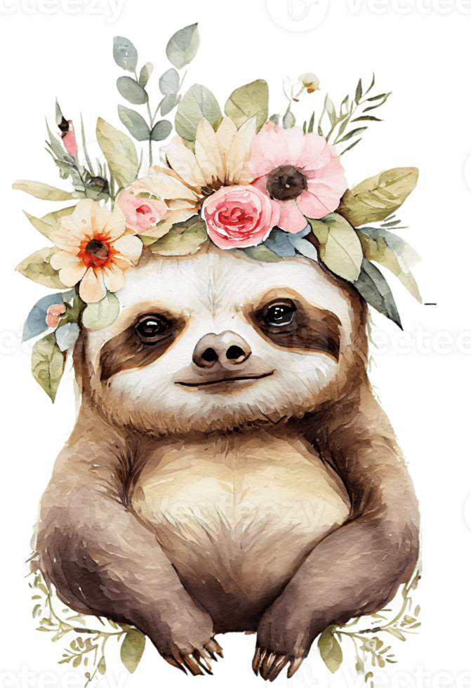 Watercolor cute hand drawn sloth, Sloth in floral wreath, flowers bouquet, , png transparent background.