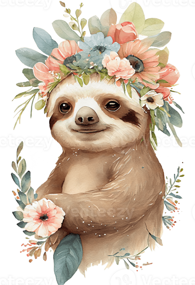 Watercolor cute hand drawn sloth, Sloth in floral wreath, flowers bouquet, , png transparent background.