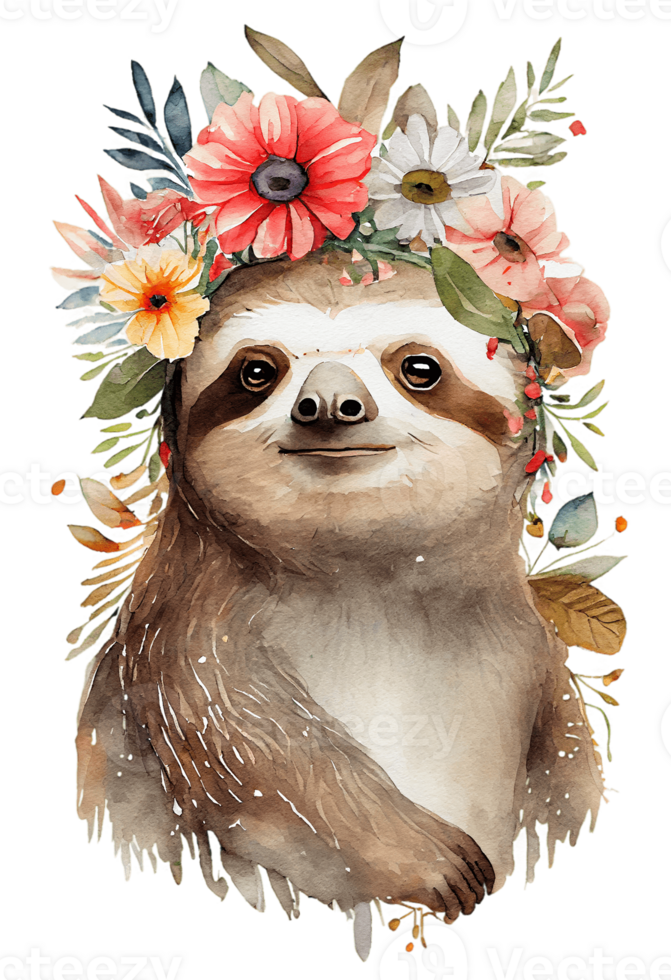 Watercolor cute hand drawn sloth, Sloth in floral wreath, flowers bouquet, , png transparent background.