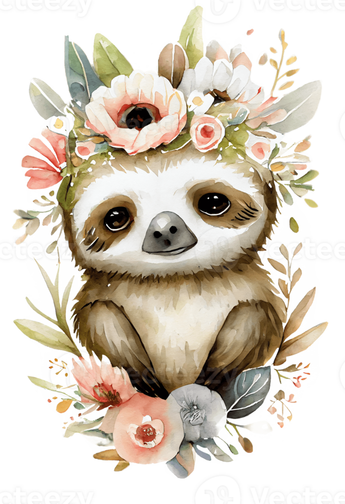 Watercolor cute hand drawn sloth, Sloth in floral wreath, flowers bouquet, , png transparent background.