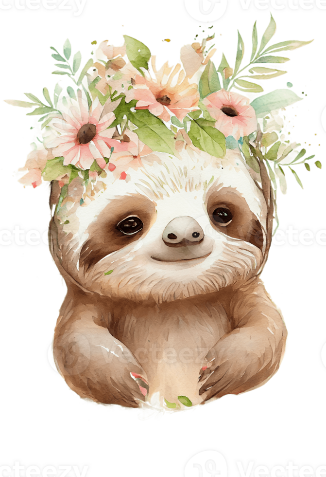 Watercolor cute hand drawn sloth, Sloth in floral wreath, flowers bouquet, , png transparent background.