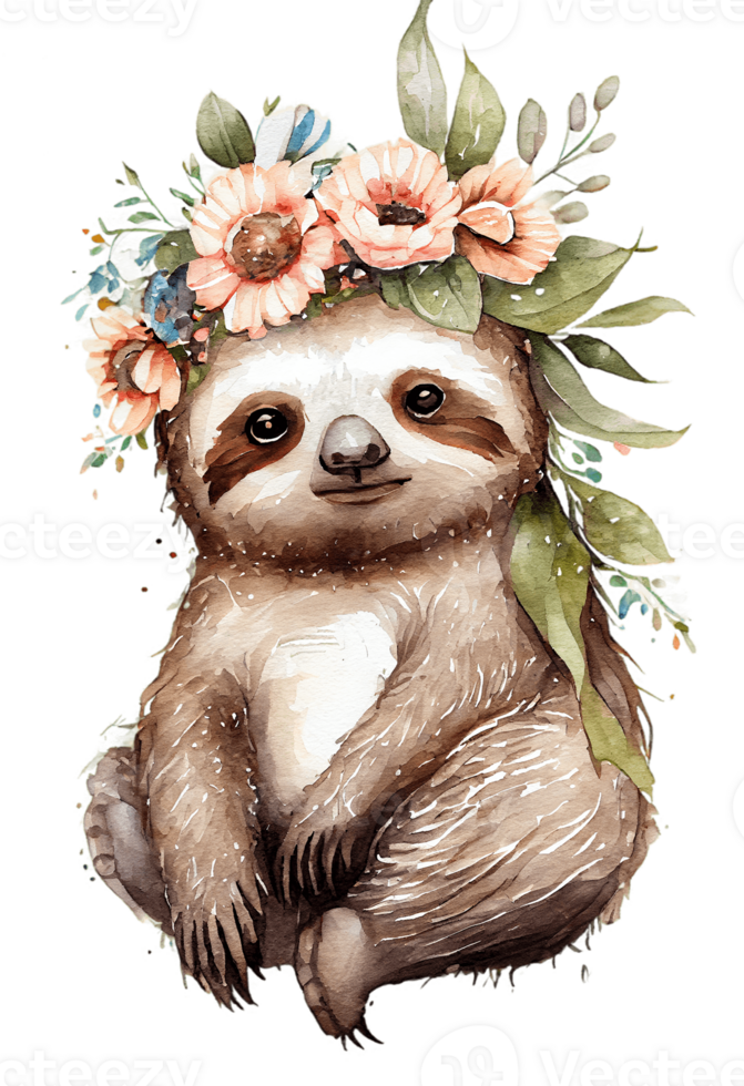 Watercolor cute hand drawn sloth, Sloth in floral wreath, flowers bouquet, , png transparent background.