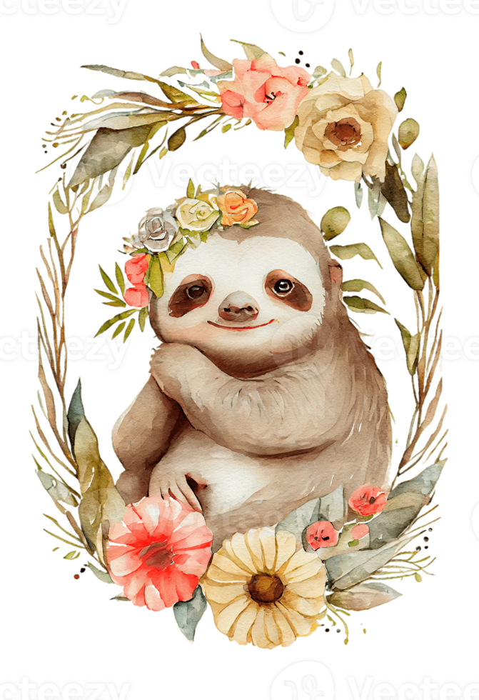 Watercolor cute hand drawn sloth, Sloth in floral wreath, flowers bouquet, , png transparent background.