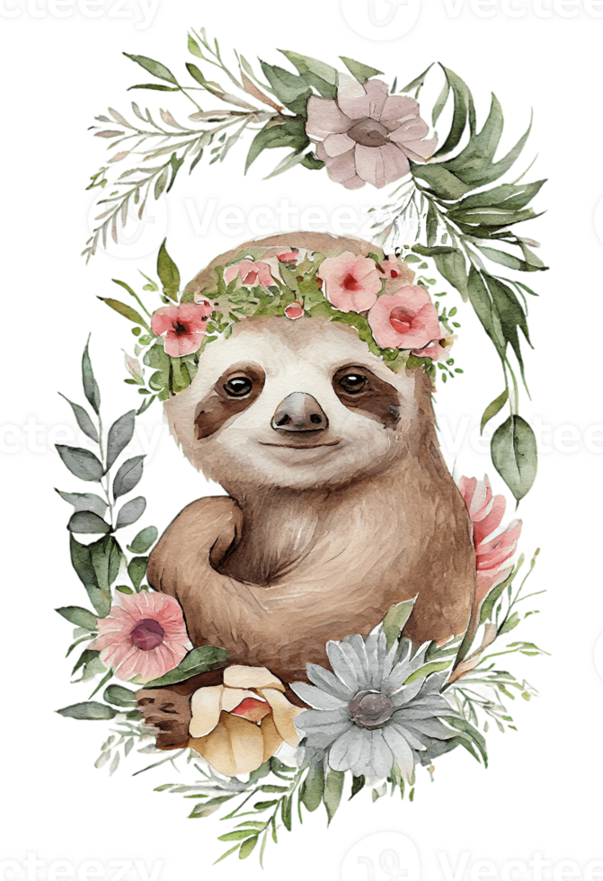 Watercolor cute hand drawn sloth, Sloth in floral wreath, flowers bouquet, , png transparent background.