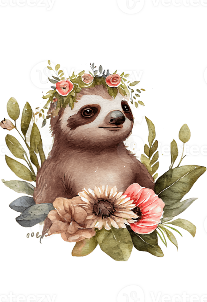 Watercolor cute hand drawn sloth, Sloth in floral wreath, flowers bouquet, , png transparent background.