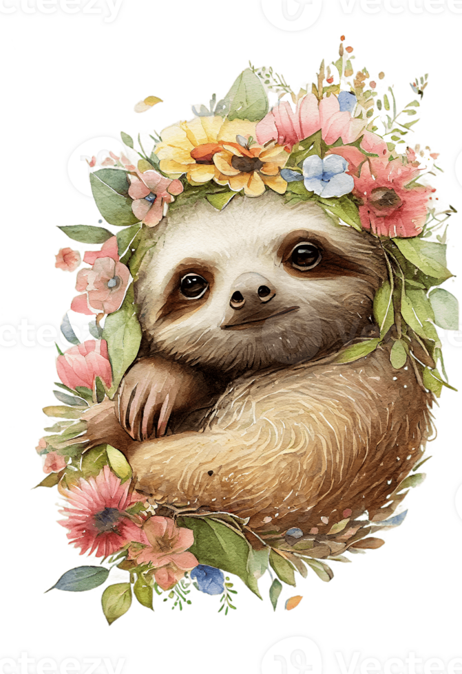 Watercolor cute hand drawn sloth, Sloth in floral wreath, flowers bouquet, , png transparent background.