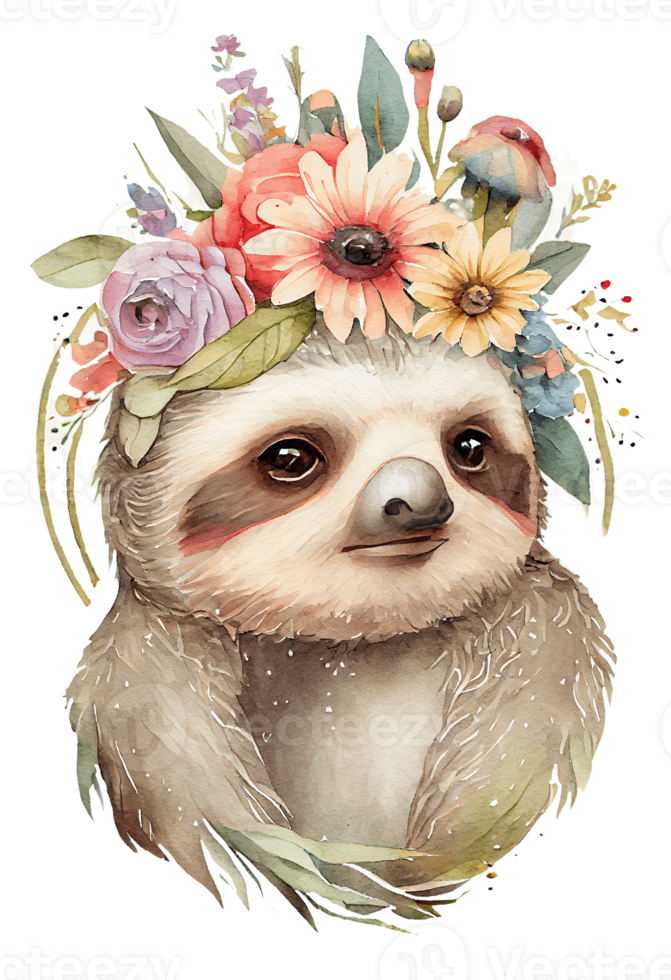 Watercolor cute hand drawn sloth, Sloth in floral wreath, flowers bouquet, , png transparent background.