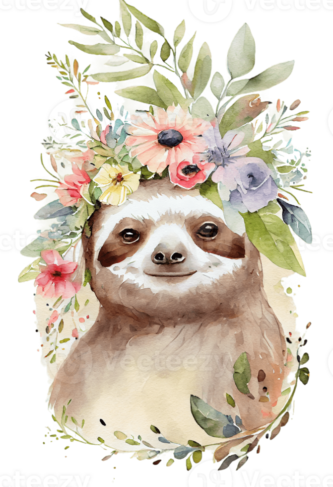 Watercolor cute hand drawn sloth, Sloth in floral wreath, flowers bouquet, , png transparent background.