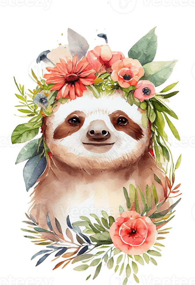 Watercolor cute hand drawn sloth, Sloth in floral wreath, flowers bouquet, , png transparent background.