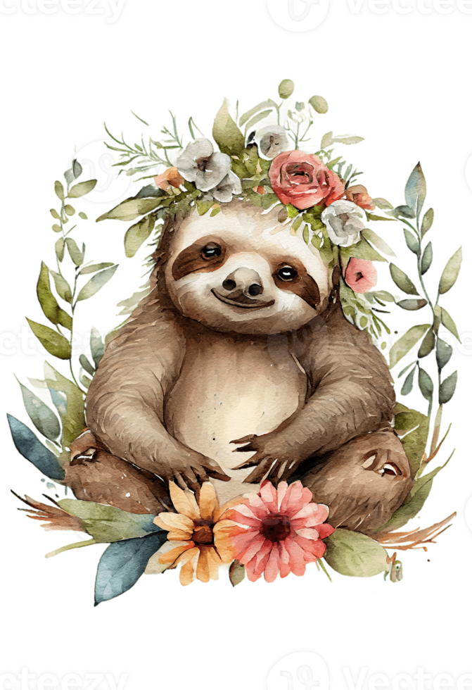 Watercolor cute hand drawn sloth, Sloth in floral wreath, flowers bouquet, , png transparent background.