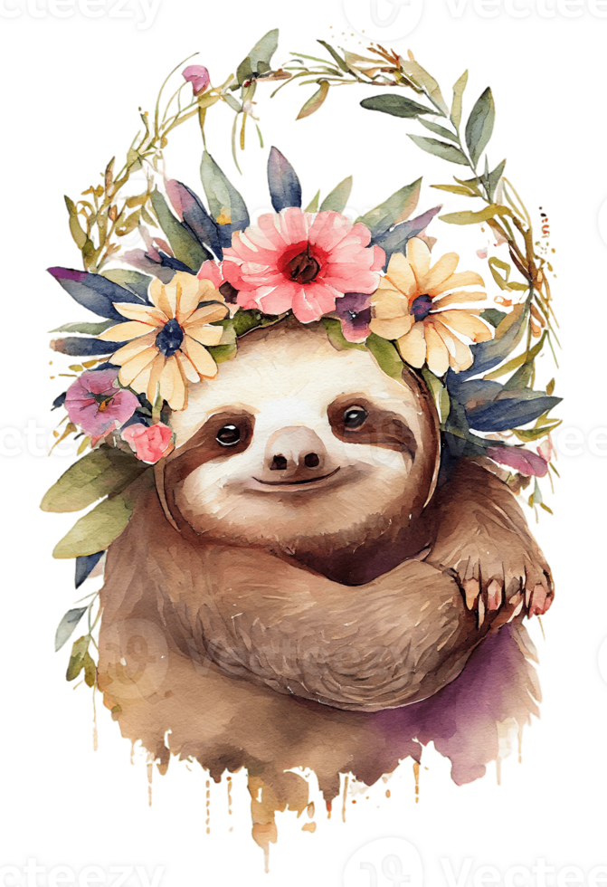 Watercolor cute hand drawn sloth, Sloth in floral wreath, flowers bouquet, , png transparent background.