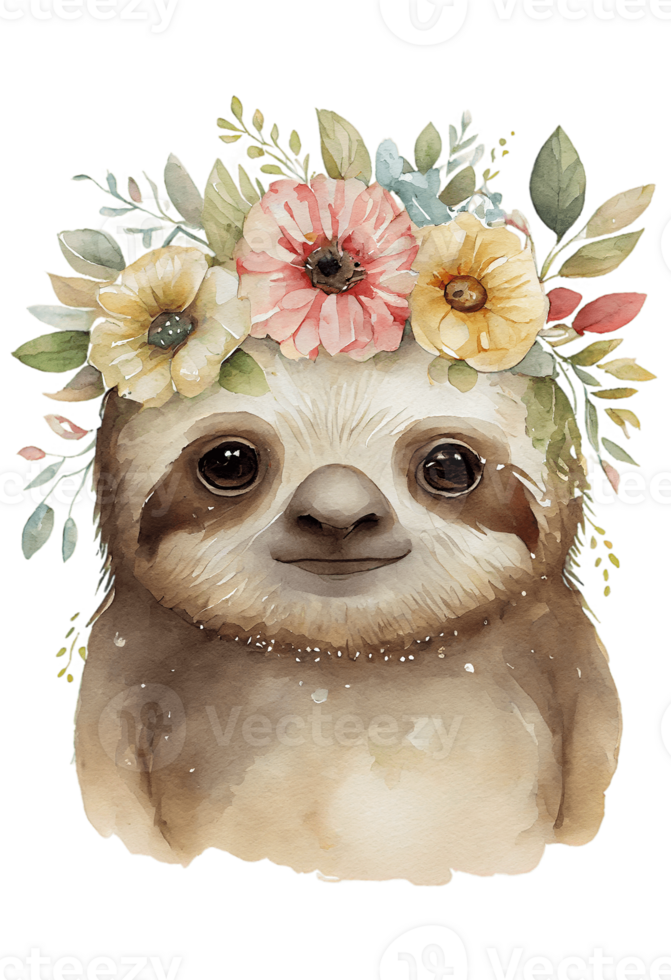 Watercolor cute hand drawn sloth, Sloth in floral wreath, flowers bouquet, , png transparent background.