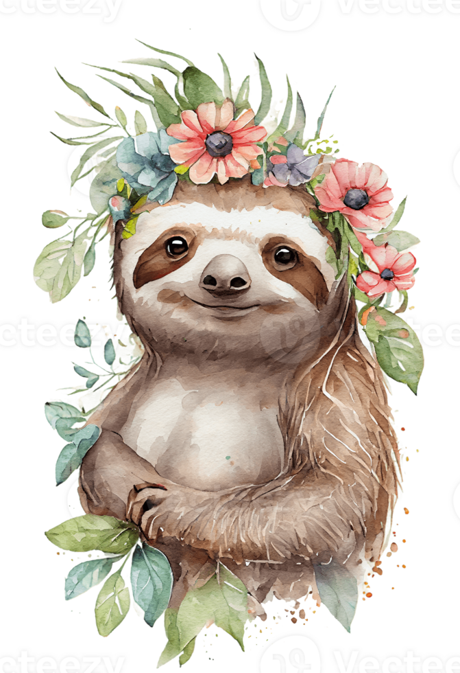 Watercolor cute hand drawn sloth, Sloth in floral wreath, flowers bouquet, , png transparent background.