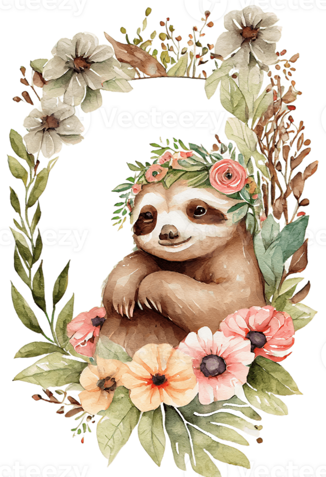 Watercolor cute hand drawn sloth, Sloth in floral wreath, flowers bouquet, , png transparent background.