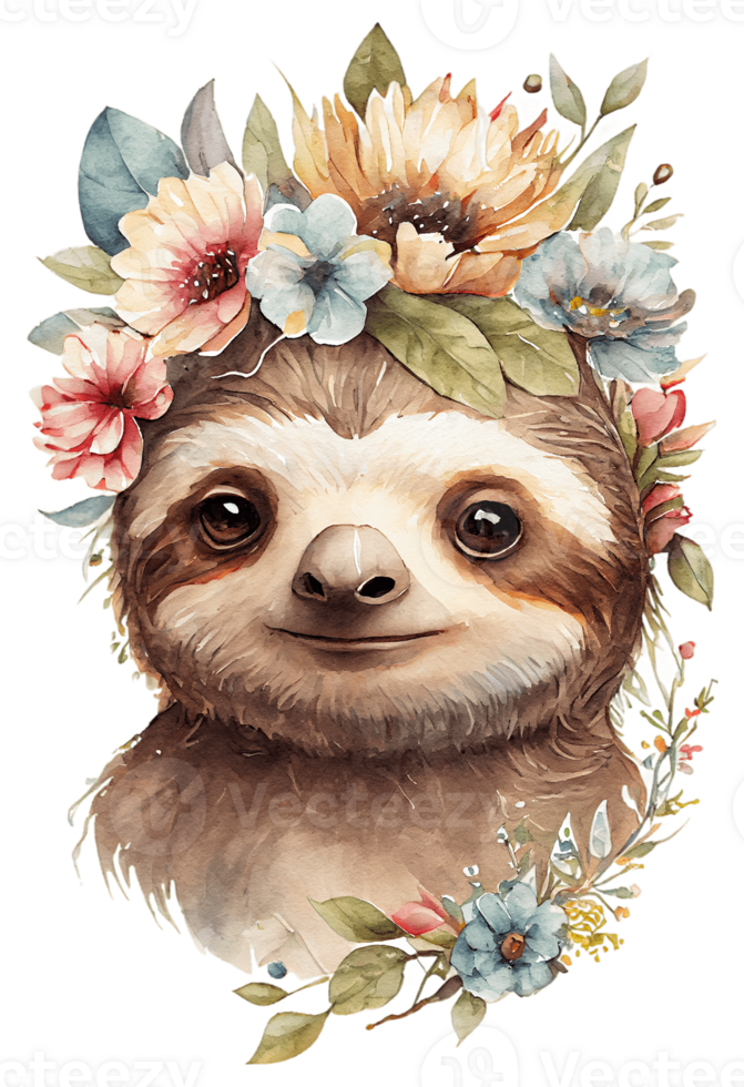 Watercolor cute hand drawn sloth, Sloth in floral wreath, flowers bouquet, , png transparent background.