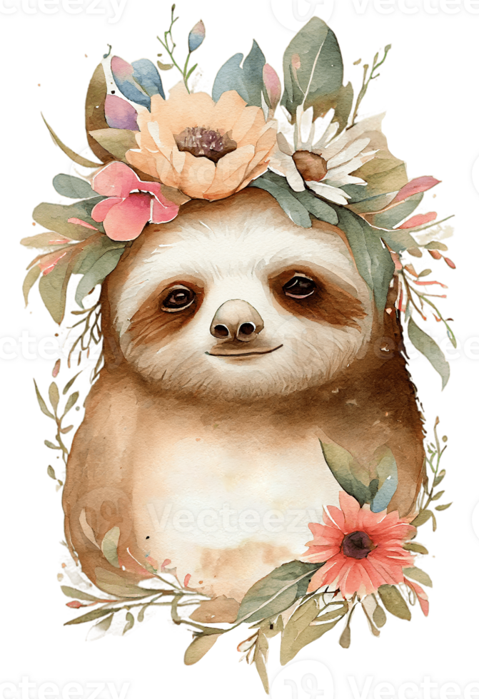 Watercolor cute hand drawn sloth, Sloth in floral wreath, flowers bouquet, , png transparent background.