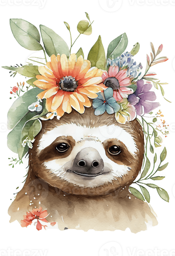 Watercolor cute hand drawn sloth, Sloth in floral wreath, flowers bouquet, , png transparent background.