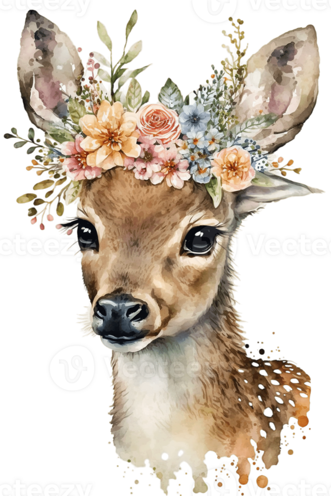 Watercolor cute hand drawn deer, fawn in floral wreath, flowers bouquet, , png transparent background.
