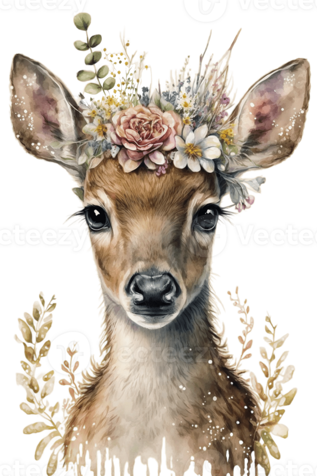 Watercolor cute hand drawn deer, fawn in floral wreath, flowers bouquet, , png transparent background.