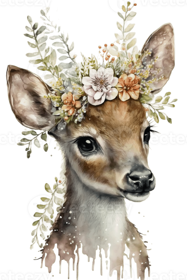 Watercolor cute hand drawn deer, fawn in floral wreath, flowers bouquet, , png transparent background.