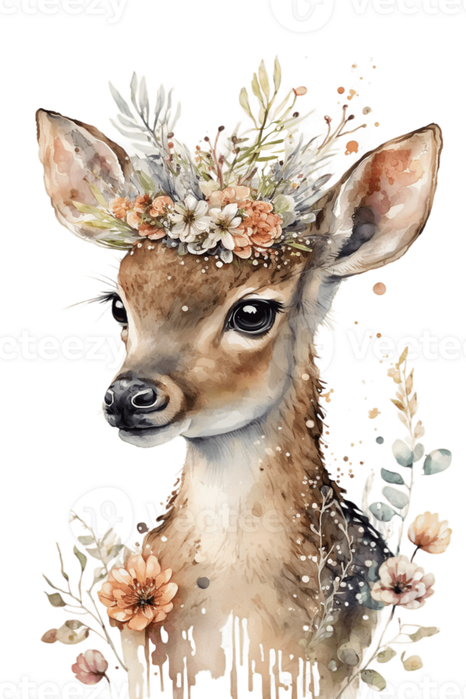 Watercolor cute hand drawn deer, fawn in floral wreath, flowers bouquet, , png transparent background.