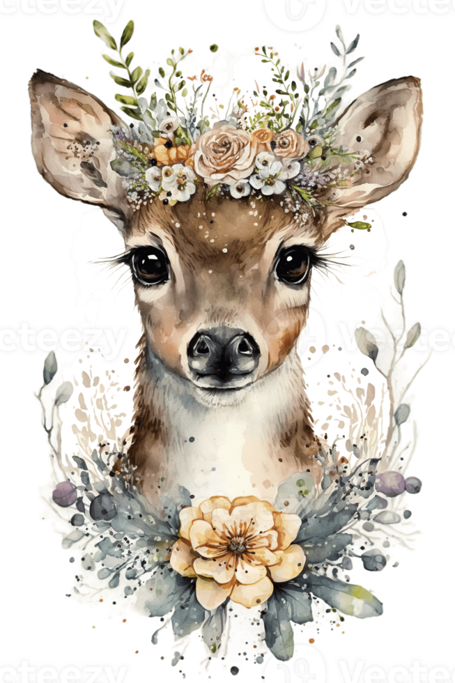 Watercolor cute hand drawn deer, fawn in floral wreath, flowers bouquet, , png transparent background.