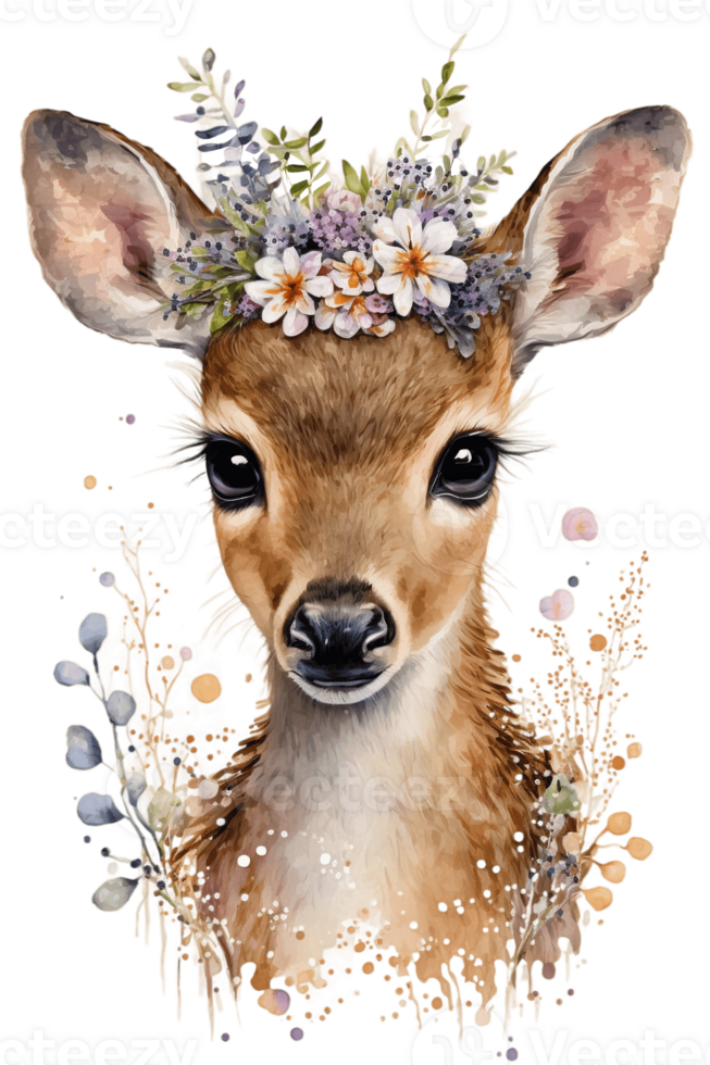 Watercolor cute hand drawn deer, fawn in floral wreath, flowers bouquet, , png transparent background.