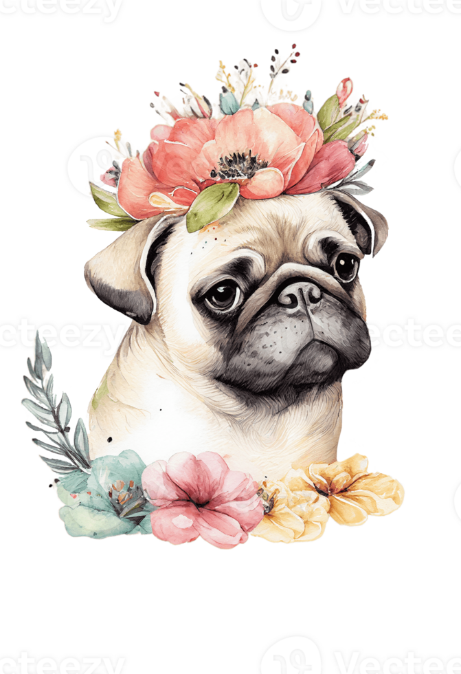 Watercolor cute hand drawn Pug, dog in floral wreath, flowers bouquet, , png transparent background.