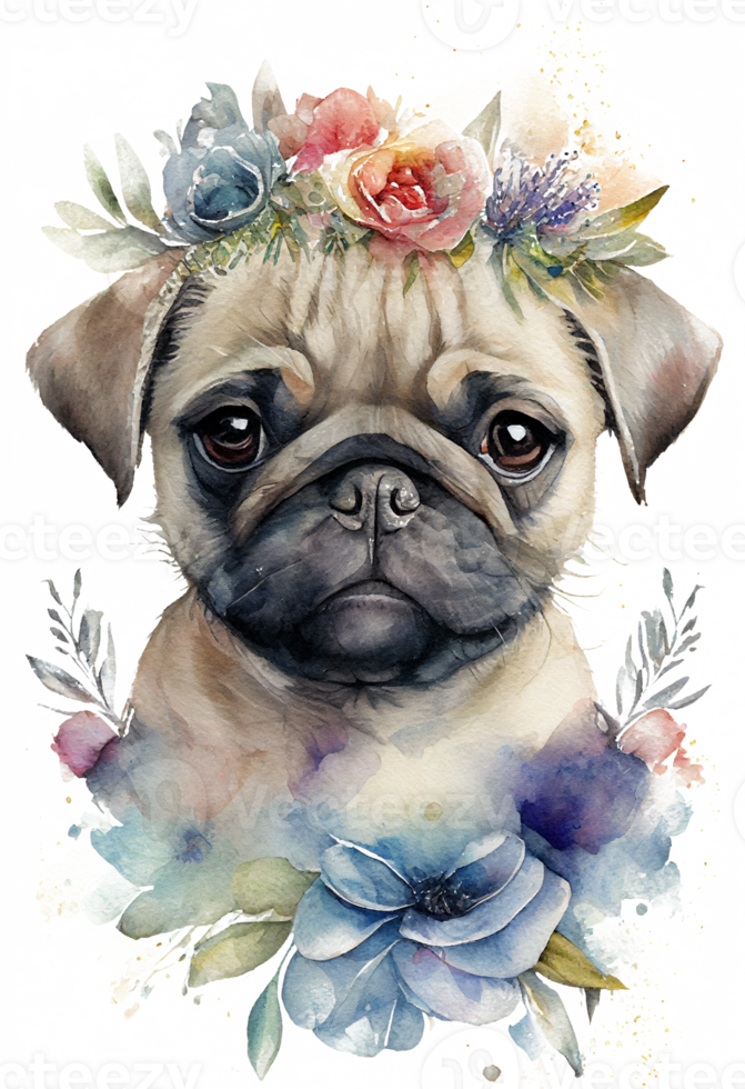 aguarela fofa mão desenhado pug, cachorro dentro floral guirlanda, flores ramalhete, generativo ai, png transparente fundo.