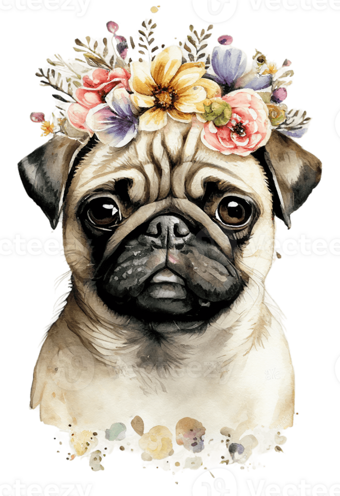 Watercolor cute hand drawn Pug, dog in floral wreath, flowers bouquet, , png transparent background.