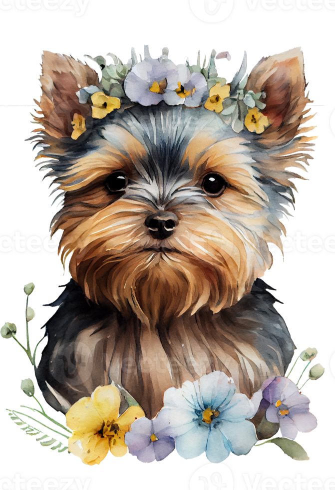 Watercolor cute hand drawn Yorkshire Terrier, dog in floral wreath, flowers bouquet, png