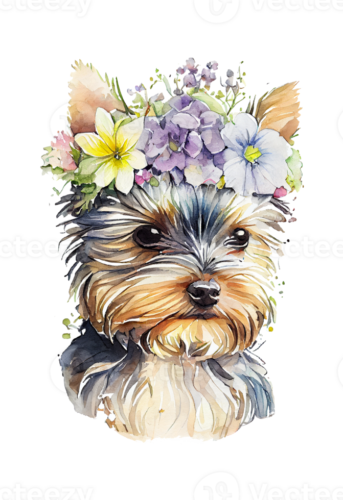 Watercolor cute hand drawn Yorkshire Terrier, dog in floral wreath, flowers bouquet, png