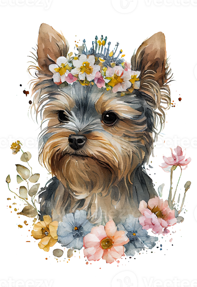 Watercolor cute hand drawn Yorkshire Terrier, dog in floral wreath, flowers bouquet, png