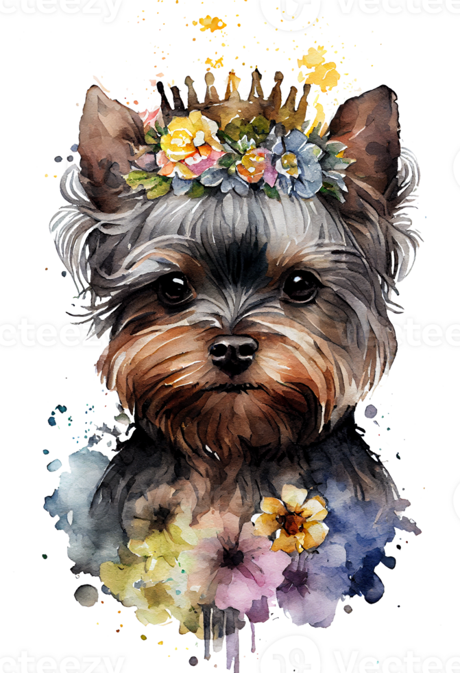 Watercolor cute hand drawn Yorkshire Terrier, dog in floral wreath, flowers bouquet, png