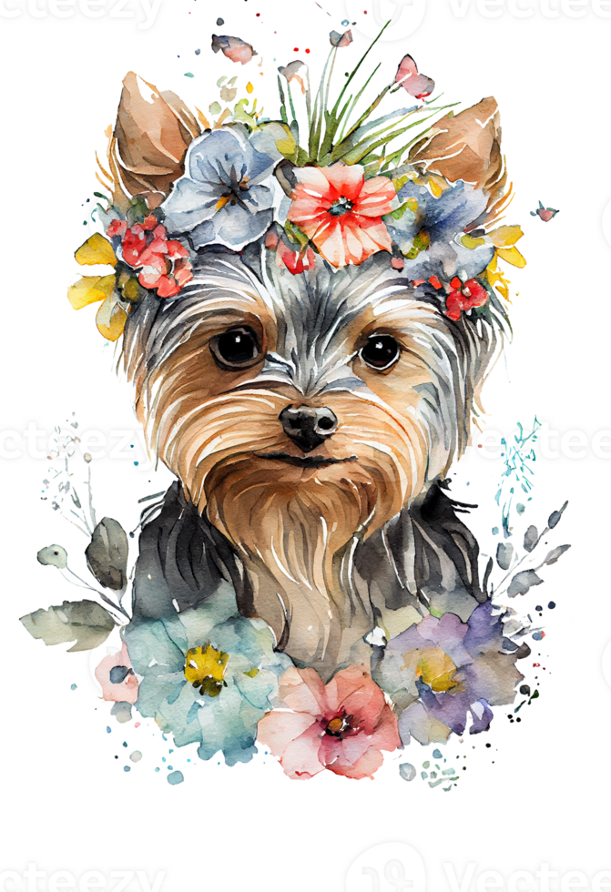 Watercolor cute hand drawn Yorkshire Terrier, dog in floral wreath, flowers bouquet, png